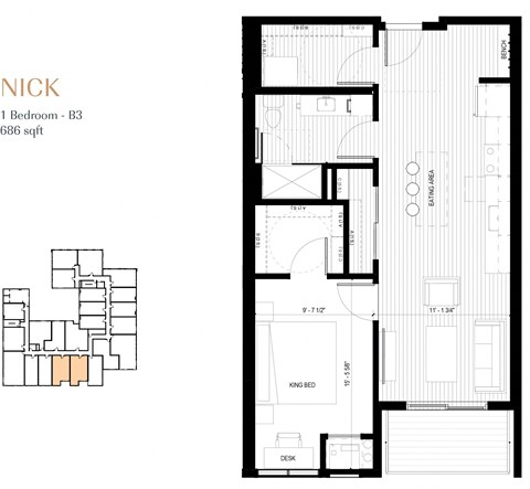 Floor plan for 1 bed, 1 bath, 686 sqft
